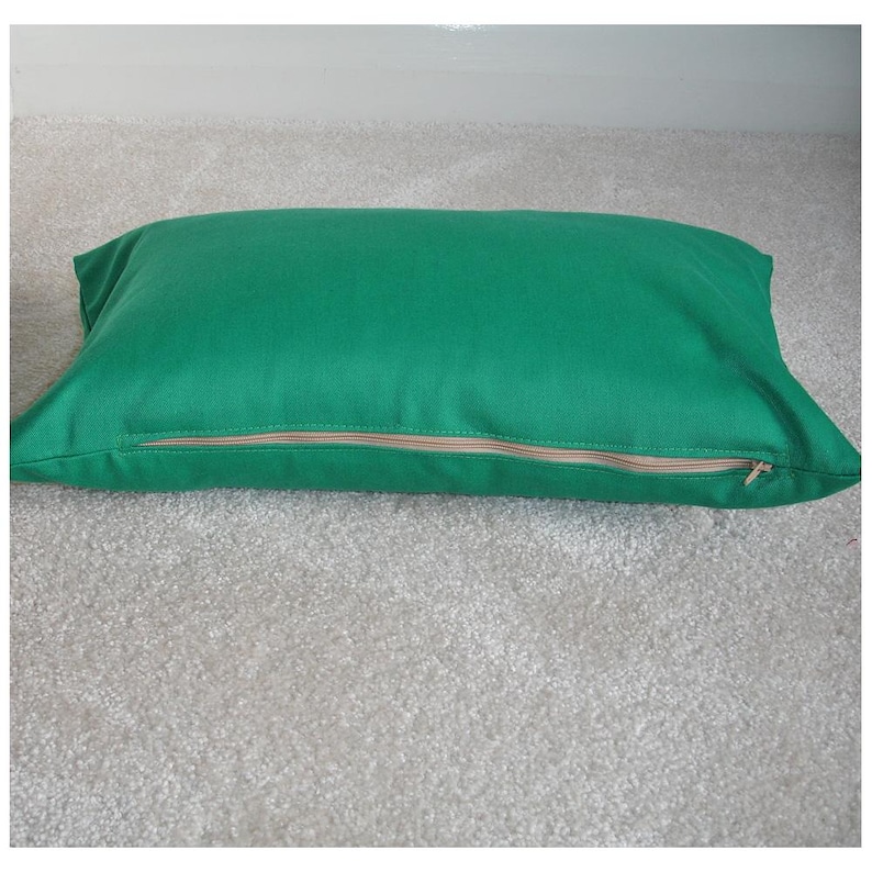 May include: A green cushion with a zipper closure. The cushion is lying on a light grey carpet.