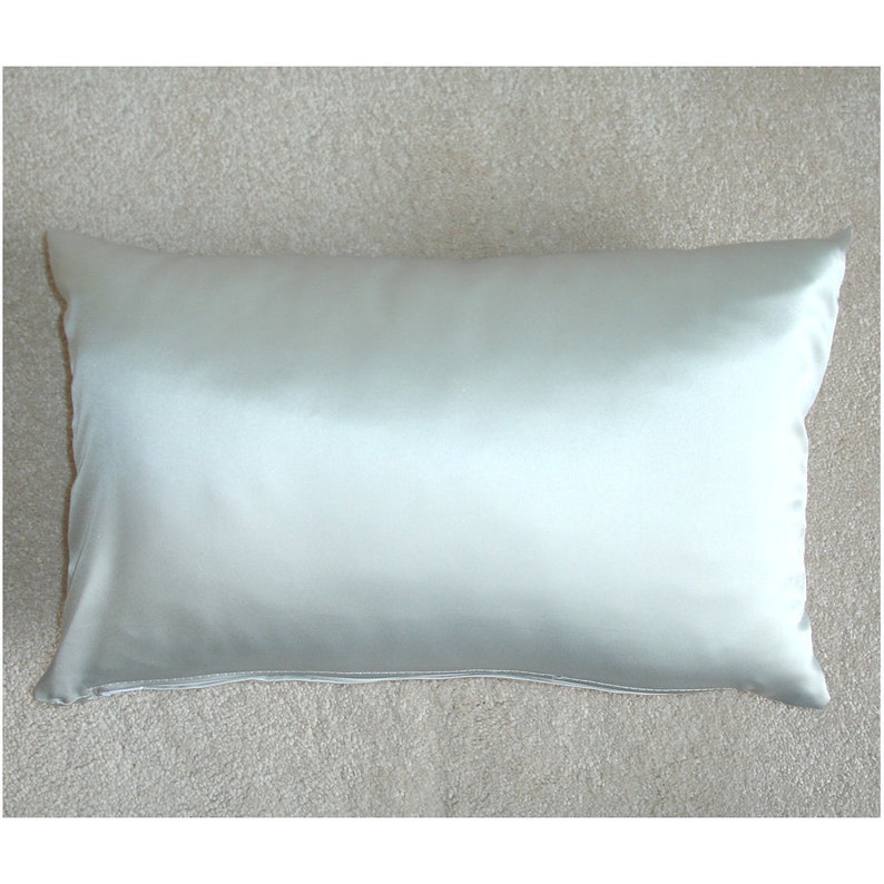May include: A light gray satin pillow with a smooth, wrinkle-free surface. The pillow is rectangular and has a simple design.