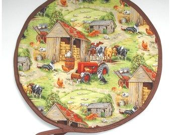 Aga Hob Lid Mats Pads Covers Farmyard Scene Pair of Single  Round Range Oven Hotplate Hats Farm Red Tractor Cow Chicken Dog Topper With Loop