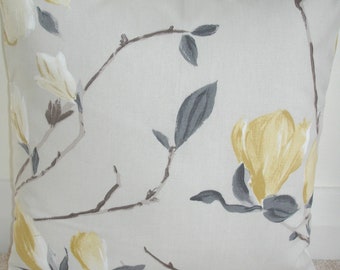 20x20 Magnolia Yellow and Grey Pillow Cover Flowers Leaves 20" Floral Decorative Throw Cushion Sham Slip Case Pillowcase Mustard Ochre Gray