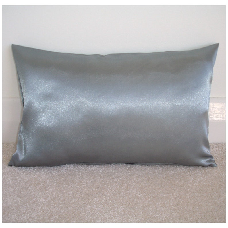 May include: A silver satin pillow with a smooth, shiny surface. The pillow is rectangular and has a subtle sheen.