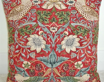 16x16 Cushion Cover William Morris 16" Strawberry Thief Square Red Bird Duck Egg Green Birds Pillow Case Sham Pillowcase Arts and Crafts