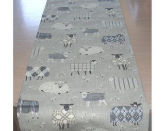 Sheep Table Runner 7ft 8ft 8ft Grey Beige Animals Dining Theme Farmhouse Washable 84" 96" 108"