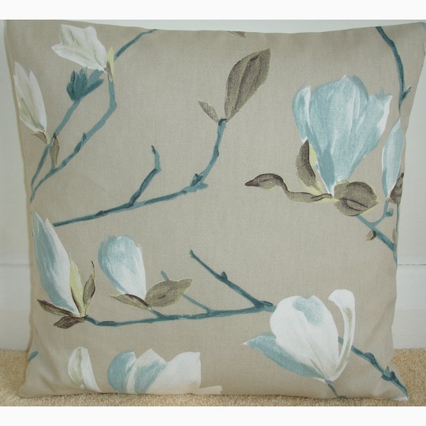 Cushion Cover With Zip Magnolia Duck Egg Blue Ivory Cream Taupe Beige Flowers 16" 18" 20" 24" 26" Pillow Sham Case 16x16 Square 18x18 20x20