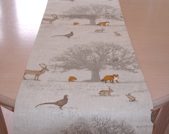 Table Runner Woodland Scene Trees Deer Fox Squirrel Pheasant Owl Rabbit Animals 3ft 4ft 5ft 6ft 36" 48" 60" 72" Wildlife Animal Theme