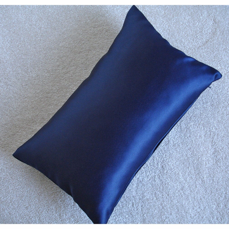 May include: A dark blue satin pillowcase. The pillowcase is smooth and has a zipper closure.