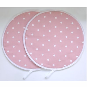 Aga Hob Hotplate Lid Mat Pad Hat Round Cover Kitchen Surface Saver Topper Pink and White Polka Dot Dots Polkadot Pot Holder With Loop