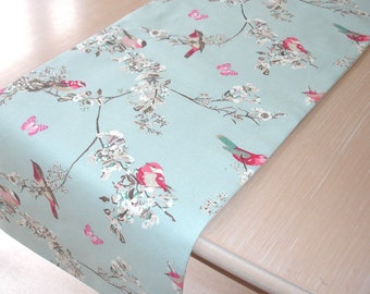 Table Runner 84" Pink Teal and Beige Birds Blossom Flowers Butterflies 7ft 210cm Duck Egg Beautiful Bird