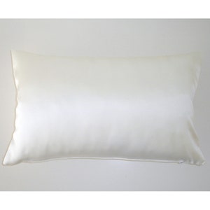 May include: A white satin pillow with a zipper closure.