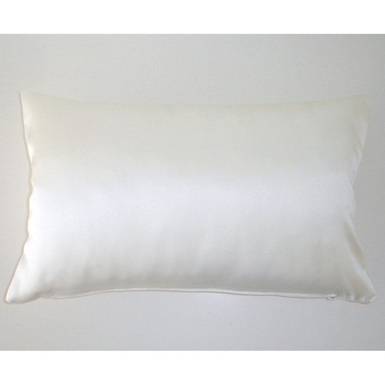 May include: A white satin pillow with a zipper closure.