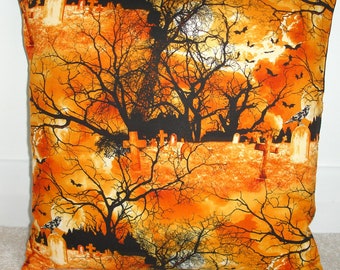 Housse de coussin cimetière effrayant gothique victorien style victorien 16" pierres tombales cimetière corbeau chauves-souris orange noir coussin 16 x 16