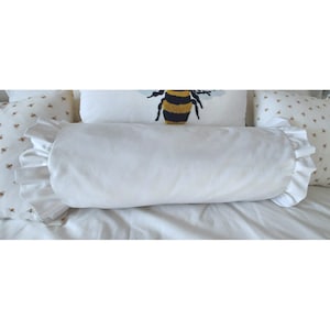 Frilled Bolster Pillow COVER White Ruffled Cylinder Case ALL SIZES Round Ended End Cushion Sham 9" 10" 11" 12" Block Solid Color Colour