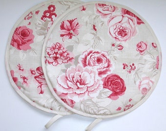 Pair of Aga Hob Lid Mats Pad Round Hat Covers Pink Roses Retro Modern Kitchen Hotplate Toppers With Loops