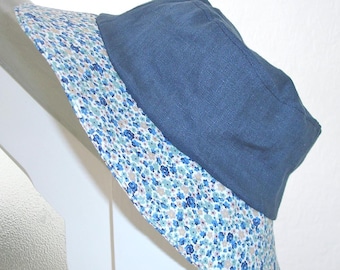 Hat Sun Hat Linen Bucket Hat Floral Blue Navy Blue and Beige Brim - Reversible Summer Shade Hat