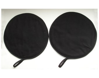 Pair Aga Hob Lid Covers Black Set of Two Hotplate Pads Round 2 Hats Surface Savers With Loop Plain Block Solid Colour Color