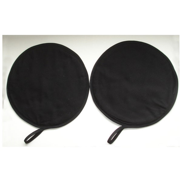 Pair Aga Hob Lid Covers Black Set of Two Hotplate Pads Round 2 Hats Surface Savers With Loop Plain Block Solid Colour Color