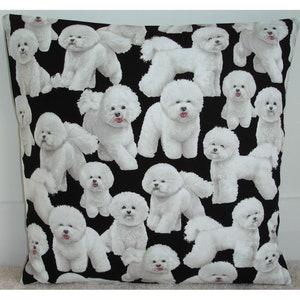 Bichon Frise Cushion Cover 16x16 Pillow Sham 16&quot; CurlyFur Puppy Dog Slip Case Puppies Black and White Bichon