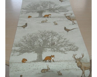 Table Runner Stag Woodland Scene Trees Deer Fox Squirrel Pheasant Owl Rabbit Animal 3ft 4ft 5ft 6ft 36" 48" 60" 72" Animals Dining Theme