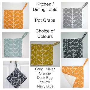 May include: Set of six pot holders in various colours, including grey, silver, orange, duck egg yellow, and navy blue. Each pot holder features a stylised leaf design.