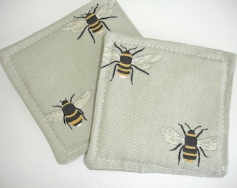 Bee Coasters Pair of Fabric Coasters Set of Two Reversible Cloth Coaster Mug Rugs Mats