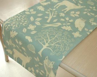 Table Runner 48" Woodland Scene Trees Foxes Deer Squirrels Owls Mice 4ft Fox Squirrel Owl Mouse Hedgehog Animals 120cm Duck Egg Blue Duckegg