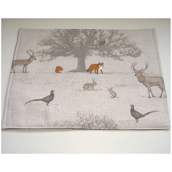 Woodland Scene Cotton Fabric Placemat Tree Stag Fox Rabbit Squirrel Pheasant Owl Modern Wood Stags Antlers Foxes Squirrels Owls