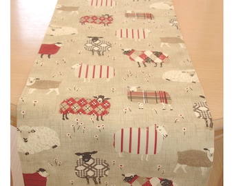Sheep Table Runner 7ft 8ft 8ft Red Black Animals Dining Theme Farmhouse Washable 84" 96" 108"