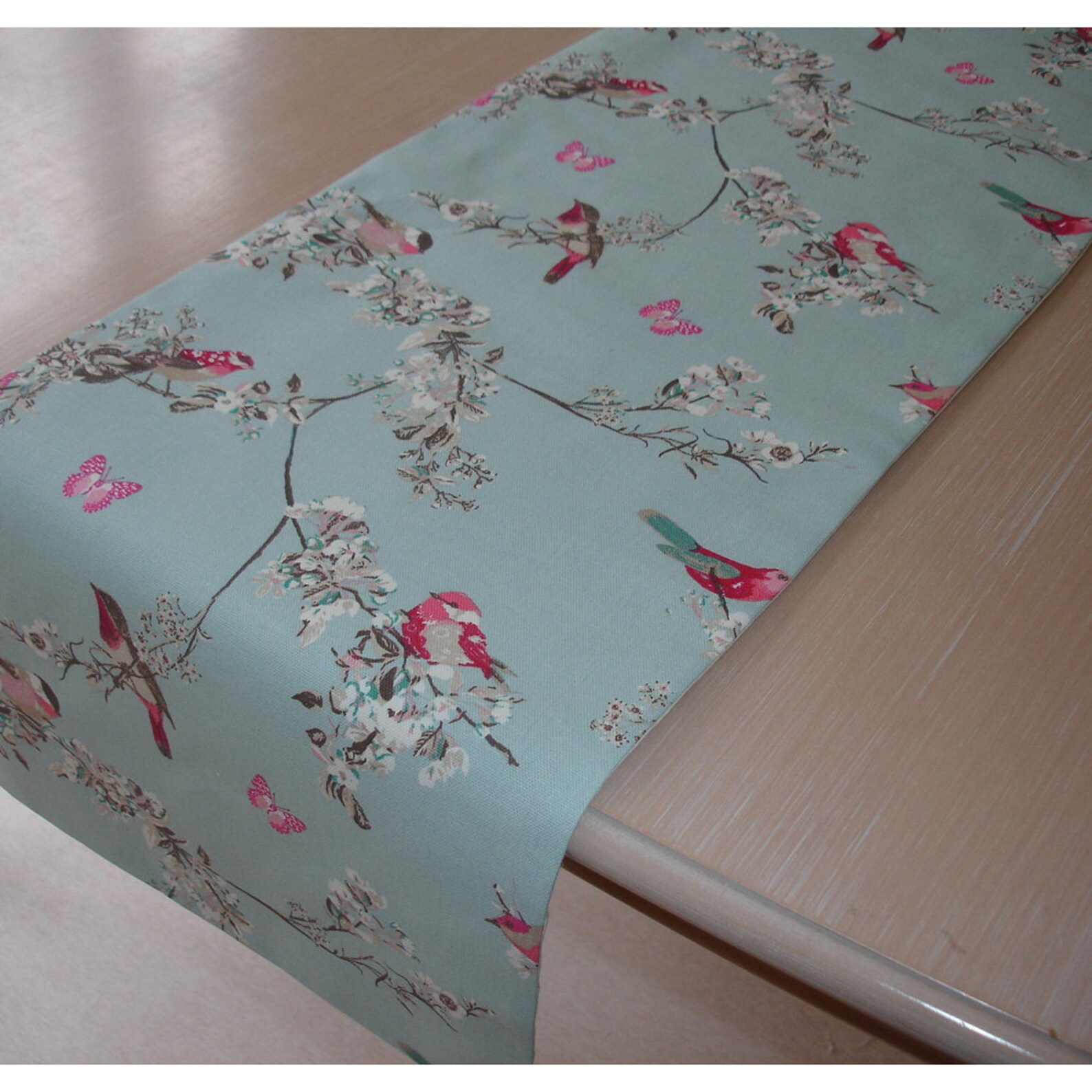 Coffee Table Runner 48 Pink Teal and Beige Birds Blossom Etsy