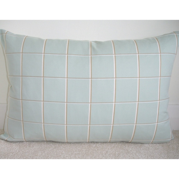 12x16 Cushion Cover with Zip 30x40cm Duck Egg Blue Pillow Sham Check Beige and Ivory Cream 16x12 Plaid Lumbar Bolster Oblong Case Pillowcase