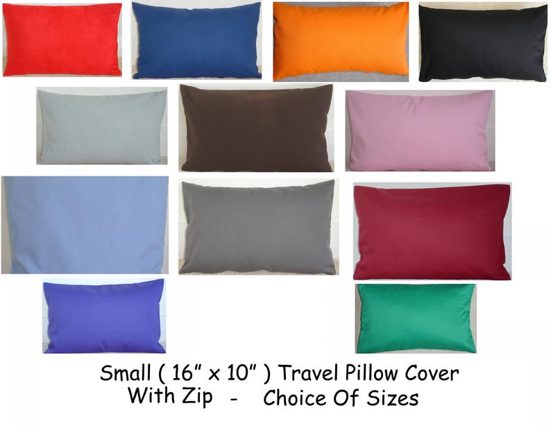 May include: A set of 10 travel pillow covers in various colours, including red, blue, orange, black, grey, brown, pink, light blue, purple, and green. The pillow covers are 16 inches by 10 inches and have a zipper closure. Small (16" x 10") Travel Pillow Cover With Zip - Choice Of Sizes