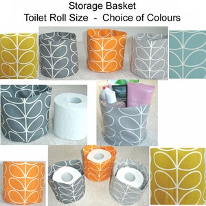 May include: Storage basket in various colors with a leaf pattern. The basket is the size of a toilet paper roll. The text "Storage Basket" and "Toilet Roll Size - Choice of Colours" is displayed at the top of the image.