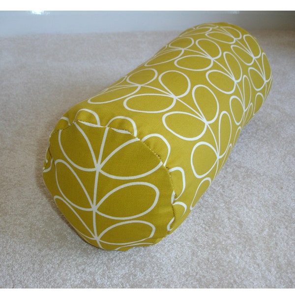 Cylinder Bolster Pillow Cover Yellow Ochre 8x18 Neck Roll Round Throw Cushion Sham Case Mustard 1970s Vintage Retro Linear Stem Leaves 18x8