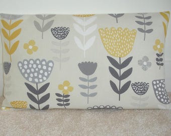 Cushion Cover Yellow Ochre Grey Pillow Sham MCM Scandi Tulip Flowers 12x20 Oblong Bolster 12x16 Cushion Case Mustard Slip Pillowcase Gray