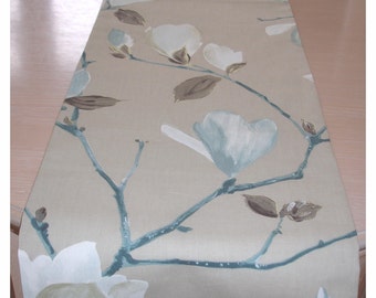 6ft Table Runner Duck Egg Blue and Ivory Cream Taupe Beige Brown Magnolia Branches 72" Modern Cotton 180cm