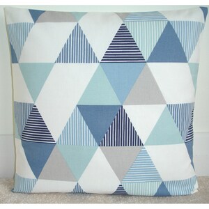 16x16 Pillow Cover Blue Navy Duck Egg and Grey Gray 16" Cushion Case Sham Slip Pillowcase Geometric Triangles