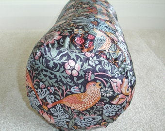 William Morris Bolster Pillow Cover Strawberry Thief Satin Bird 16" 18" Neck Roll Round Cushion Sham Case Black Blue 6x16 8x18