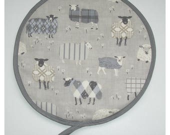 Aga Hob Lid Mat Pad Round Hat Covers Sheep Farm Farmyard Country Lamb Kitchen Topper With Loop Tartan Baa Lambs Grey Taupe  Beige Cream