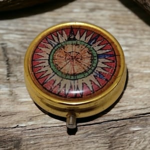 Vintage Gold Pill Box with Compass Design, Retro Metal Pill Organizer, Portable Round Trinket Case