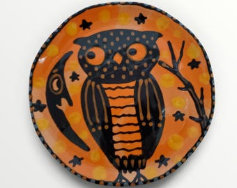 Halloween Spooky Vintage Style Owl Moon Ceramic Little Hand Painted Plate