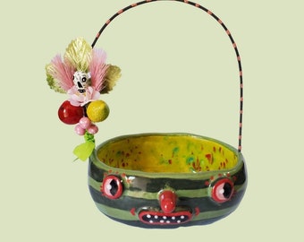 Handmade Summerween Watermelon Pail, Corsage Ceramic Sculpture