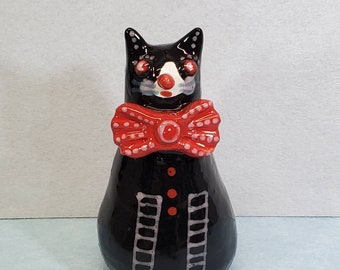 Ceramic Black Cat Bow Tie Folk Art Sculpture by Sharon Bloom Designs