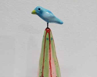 Christmas Ceramic Pink Speckle Bluebird Tree Sculpture Decoration By Sharon Bloom Designs