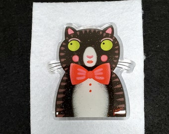 Black Cat Bow Tie Glittery Fancy Domed Acrylic Pin by Sharon Bloom Designs