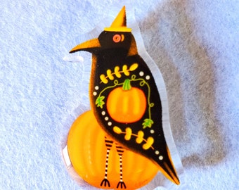 Autumn Blackbird Pumpkin Fancy Domed Acrylic Pin by Sharon Bloom Designs