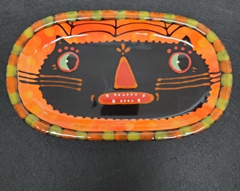 Halloween Black Cat Face Folk Art Mini Tray Hand Painted by Sharon Bloom Designs