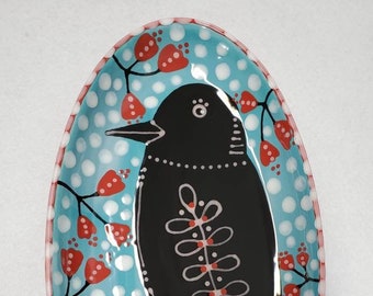 Ceramic Blackbird Crow Red Flowers LARGE Folk Art Oval Dish by Sharon Bloom Designs