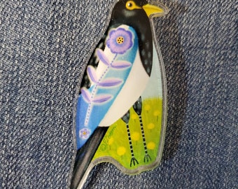 Yellow Billed Magpie Acrylic Scatter Pin by Sharon Bloom Designs