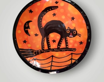 Halloween Ceramic Hand Painted Vintage Style Plate Black cat Broomstick Food Safe - Signed and Dated