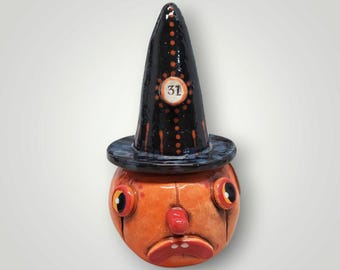 Vintage Inspired Halloween Pumpkin Rattle with Witch Hat – Handmade & Signed