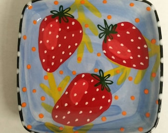 Red Juicy Strawberries Light Blue Ceramic Square Dish Hand Painted by Sharon Bloom Designs